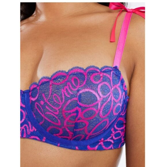 Savage X Fenty Ribbon Writing Unlined Lace Balconette Bra 44D Dreamy Blue Pink - Picture 3 of 8